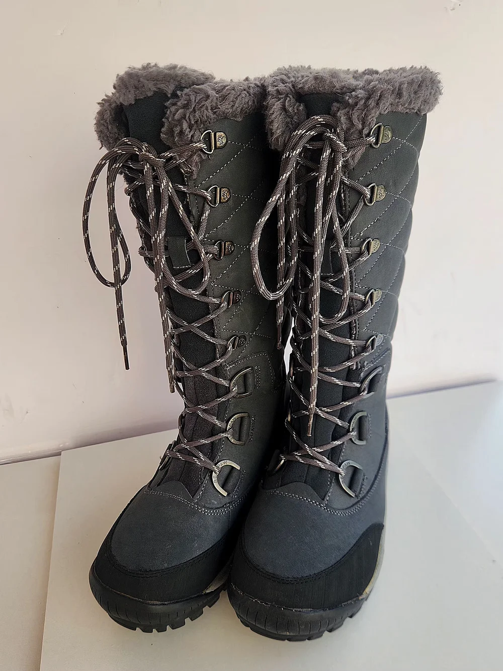 BearPaw Gray Quilted Lace-Up Winter Boots with Faux Fur Collar